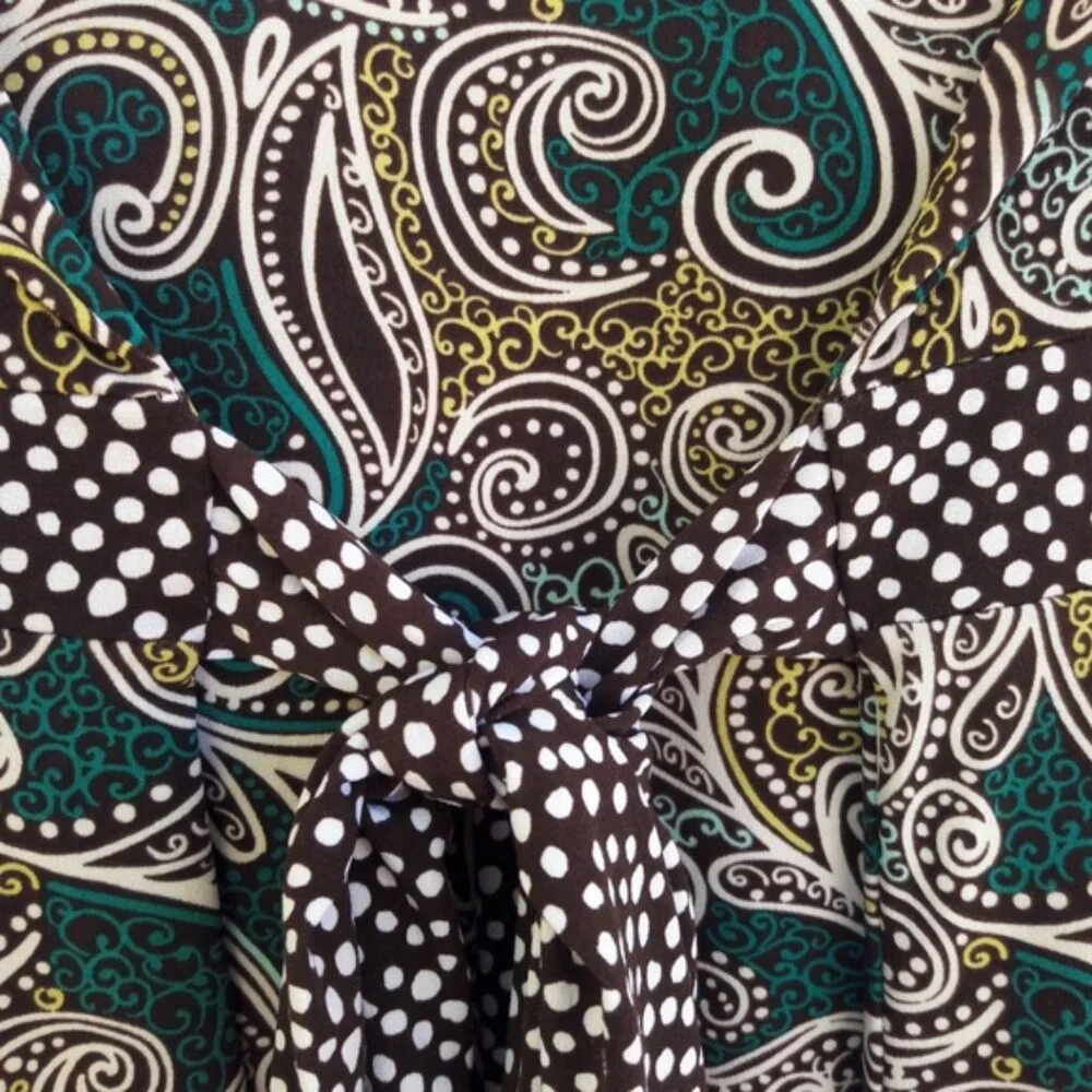 Vintage USA Carole Little Blouse Mixed Contrast Paisley Polka Dot Tie Back L